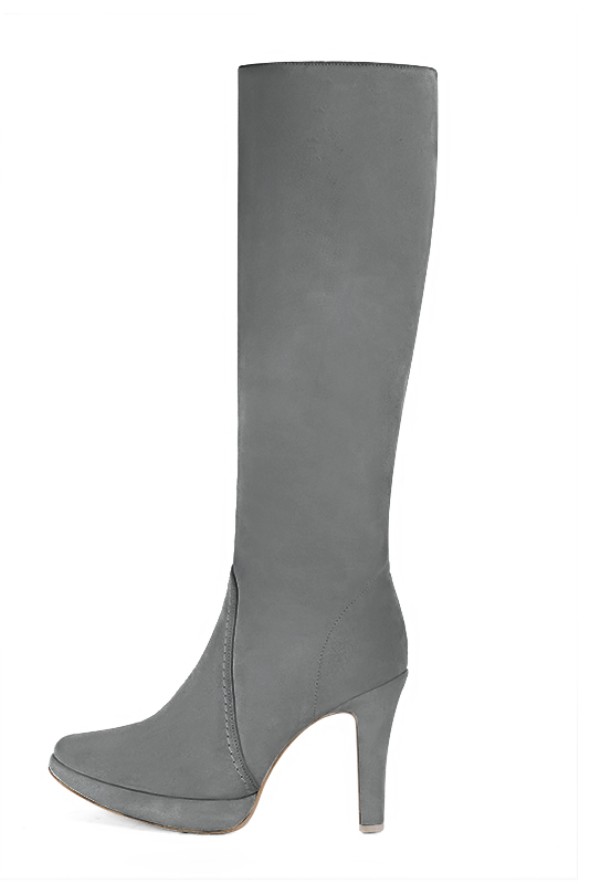 Dove grey women's feminine knee-high boots. Round toe. Very high slim heel with a platform at the front. Made to measure. Profile view - Florence KOOIJMAN